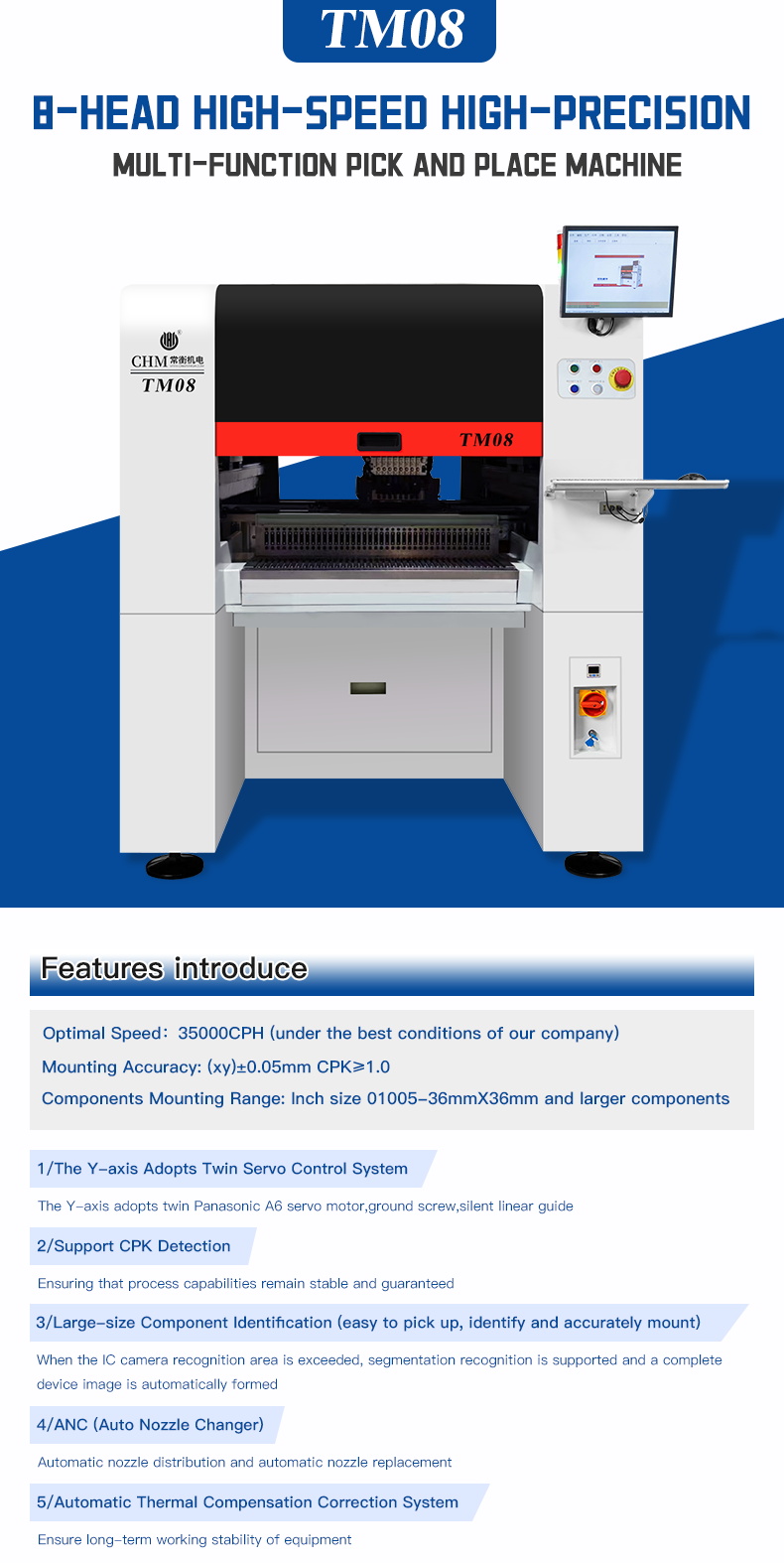8 Heads 80 Feeders Charmhigh TM08 SMD SMT Pick and Place Machine, Full-auto PCB Assembly Line