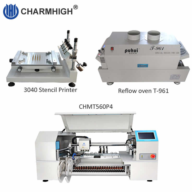 CHMT560P4 Desktop SMT Production Line, T961 Reflow Oven, Stencil Printer 3040, Yamaha feeder 8, 12, 16, 24mm